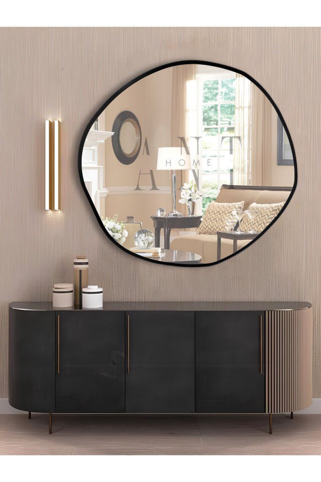 Arya 80 Cm Ayna Asimetrik Ayna, Dekoratif Ayna, Duvar Aynası Banyo Aynası Holl Aynası, Siyah