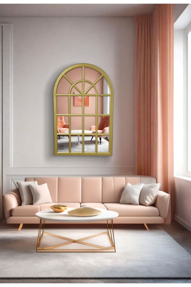 Pencere Model, Ayna, Duvar Aynası, Salon Aynası, Dressuar Aynası, Ahşap Lake Boyalı Gold