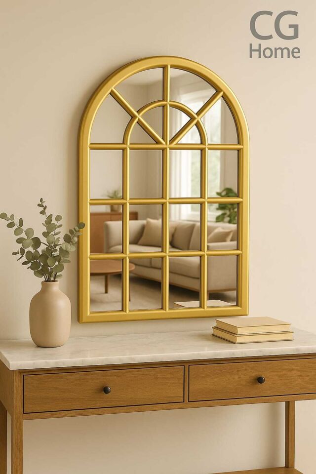 Pencere Model, Ayna, Duvar Aynası, Salon Aynası, Dressuar Aynası, Ahşap Lake Boyalı Gold