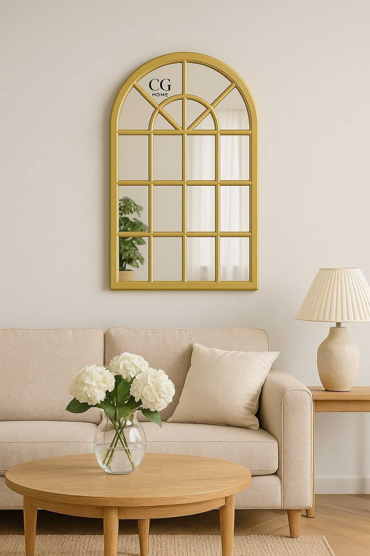 Pencere Model, Ayna, Duvar Aynası, Salon Aynası, Dressuar Aynası, Ahşap Lake Boyalı Gold