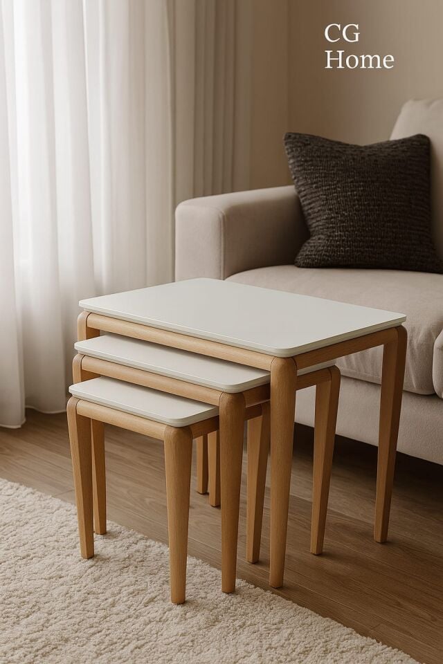 MİLAS ZİGON SEHPA ÜÇLÜ %100 AĞAÇ LAKE BOYALI SEHPA