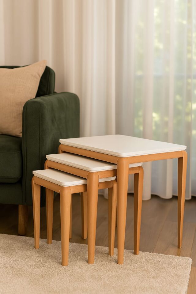 MİLAS ZİGON SEHPA ÜÇLÜ %100 AĞAÇ LAKE BOYALI SEHPA