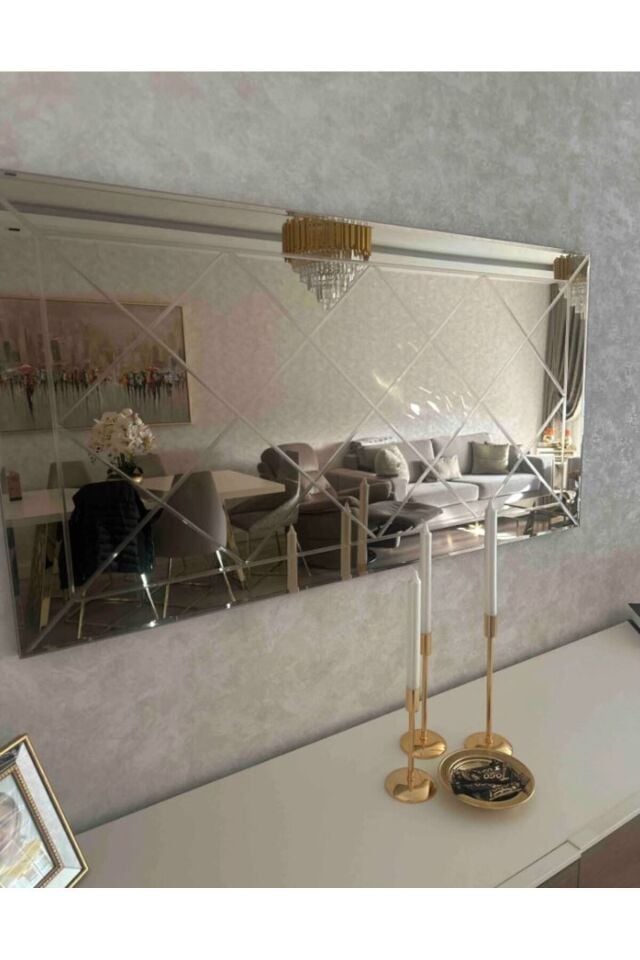 Baklava Desenli Bronz Bizoteli Salon Ofis Konsol Aynası Bronz Ayna 120cm X 60cm