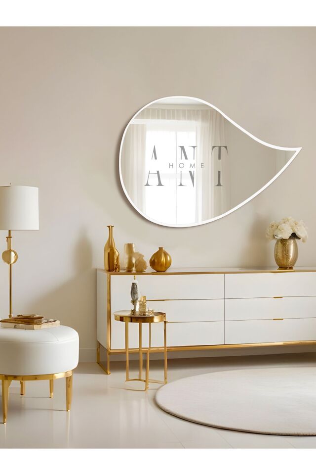 Damla Asimetrik Ayna, Duvar Aynası, Konsol Aynası, Holl Aynası 75X50 Beyaz