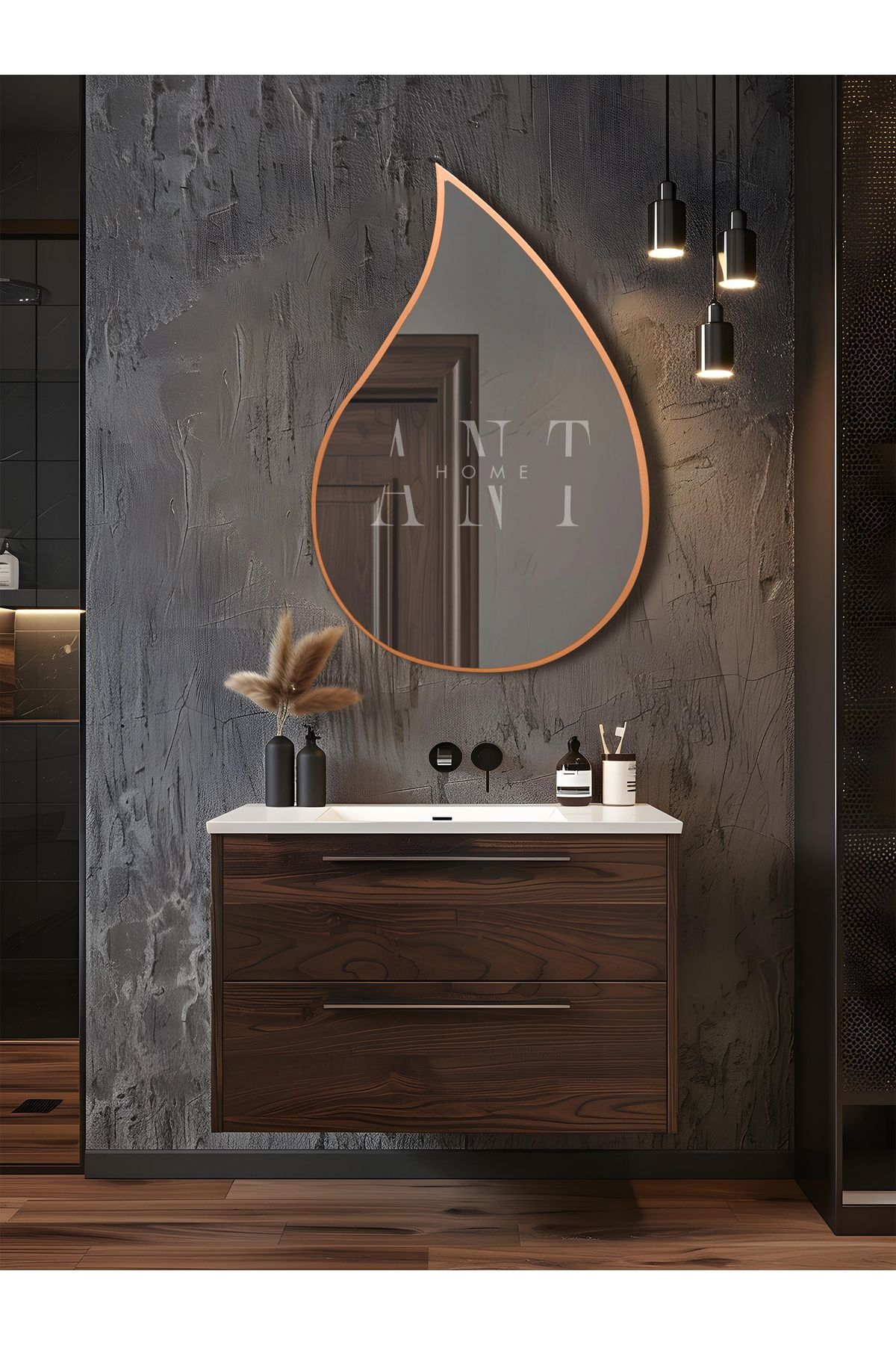 Damla Asimetrik Ayna, Duvar Aynası, Konsol Aynası, Holl Aynası 75X50 Bronz