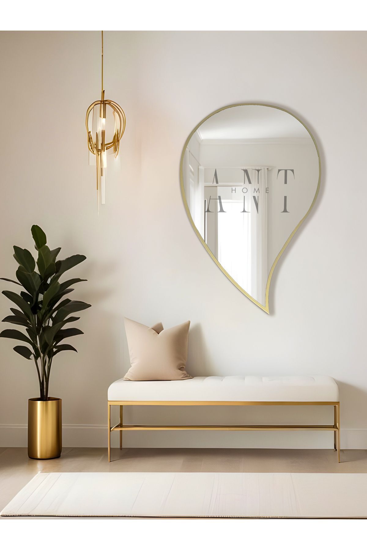 Damla Asimetrik Ayna, Duvar Aynası, Konsol Aynası, Holl Aynası 75X50 Gold