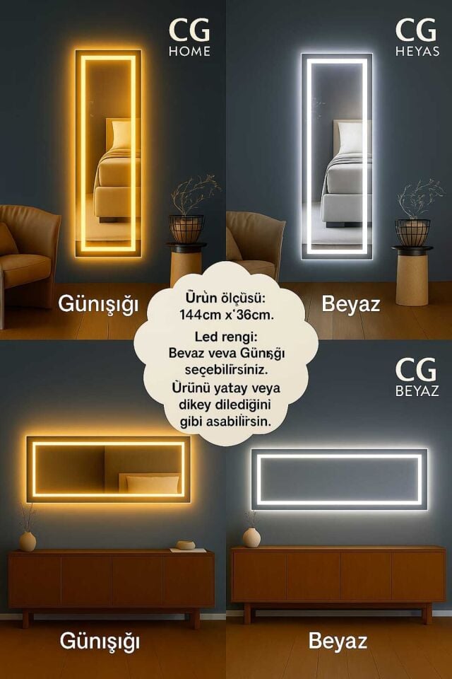 Biga Ledli Ayna, Dekoratif Ayna, Led Ayna, Salon Aynası, Konsol Aynası 144x36 cm Beyaz