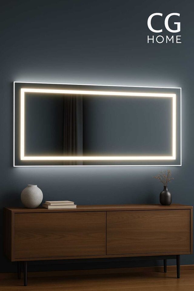 Biga Ledli Ayna, Dekoratif Ayna, Led Ayna, Salon Aynası, Konsol Aynası 144x36 cm Beyaz