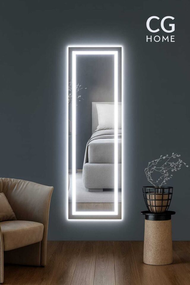 Biga Ledli Ayna, Dekoratif Ayna, Led Ayna, Salon Aynası, Konsol Aynası 144x36 cm Beyaz