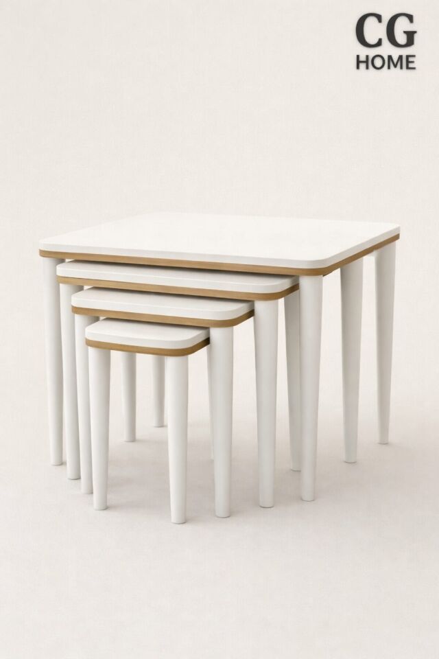 CG Home Sahra 4’lü Zigon Sehpa Seti | Komple Lake Boyalı | Gold Detaylı | Modern Yan Sehpa