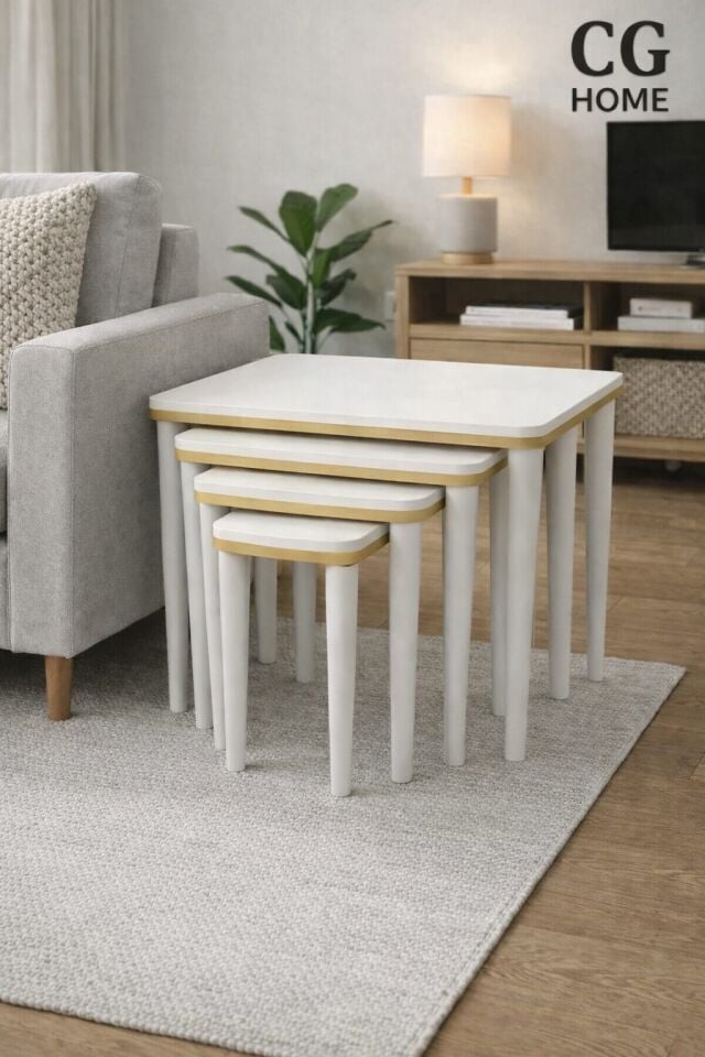 CG Home Sahra 4’lü Zigon Sehpa Seti | Komple Lake Boyalı | Gold Detaylı | Modern Yan Sehpa