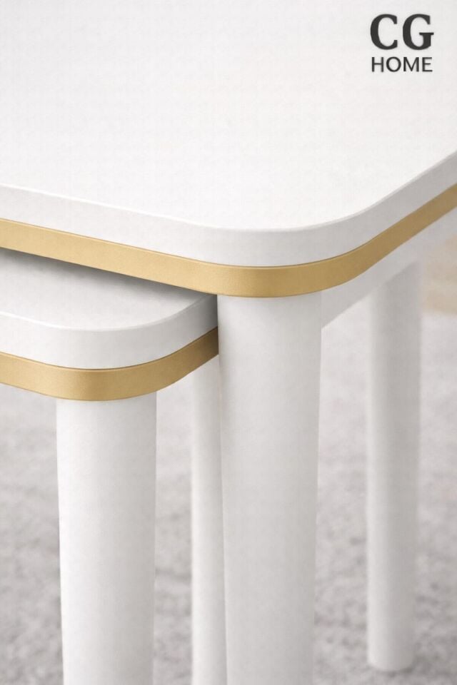 CG Home Sahra 4’lü Zigon Sehpa Seti | Komple Lake Boyalı | Gold Detaylı | Modern Yan Sehpa