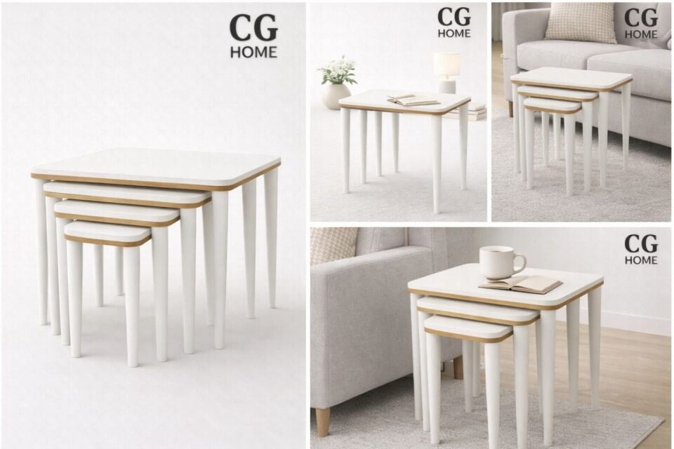 CG Home Sahra 4’lü Zigon Sehpa Seti | Komple Lake Boyalı | Gold Detaylı | Modern Yan Sehpa