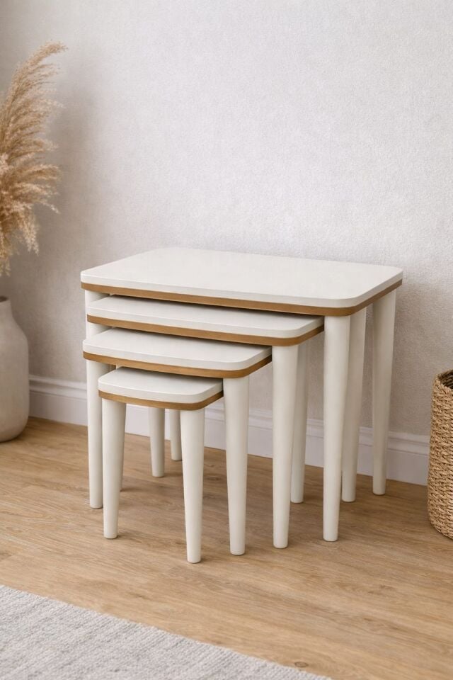 CG Home Sahra 4’lü Zigon Sehpa Seti | Komple Lake Boyalı | Gold Detaylı | Modern Yan Sehpa