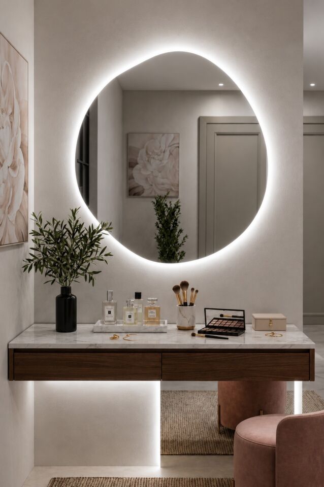 Arya Asimetrik Ledli Ayna Modern Banyo Aynası Şık Tasarım Konsol Aynası Dekoratif Duvar Aynası Beyaz Günışığı LED