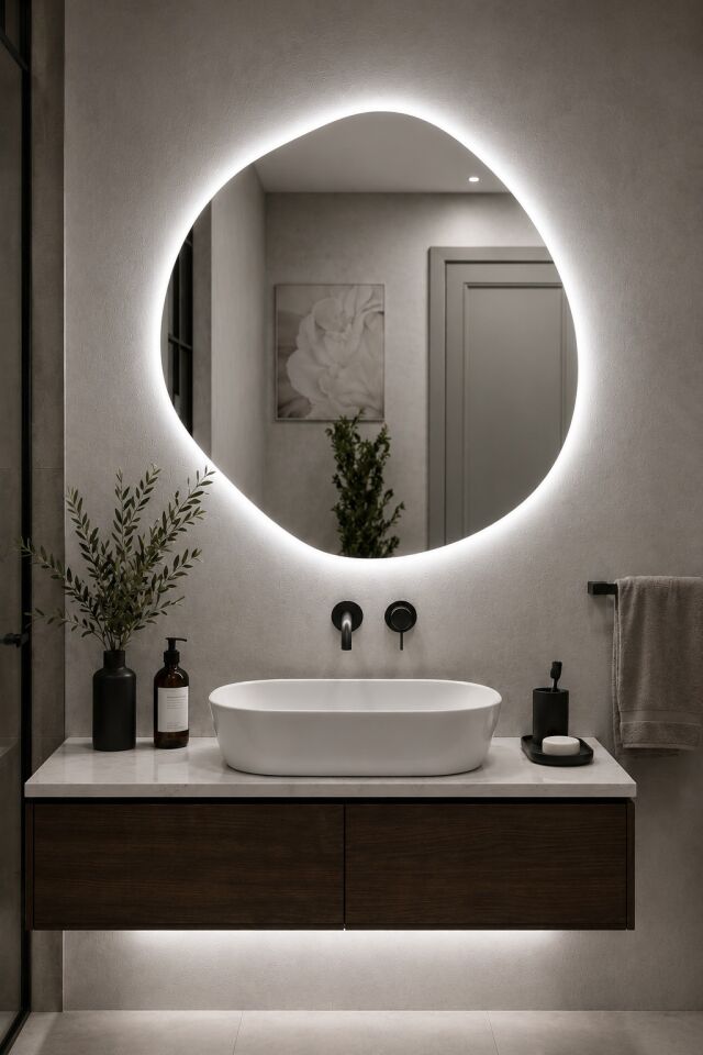 Arya Asimetrik Ledli Ayna Modern Banyo Aynası Şık Tasarım Konsol Aynası Dekoratif Duvar Aynası Beyaz Günışığı LED