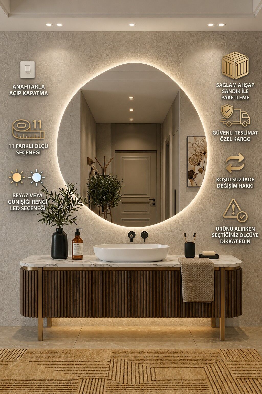 Arya Asimetrik Ledli Ayna Modern Banyo Aynası Şık Tasarım Konsol Aynası Dekoratif Duvar Aynası Beyaz Günışığı LED
