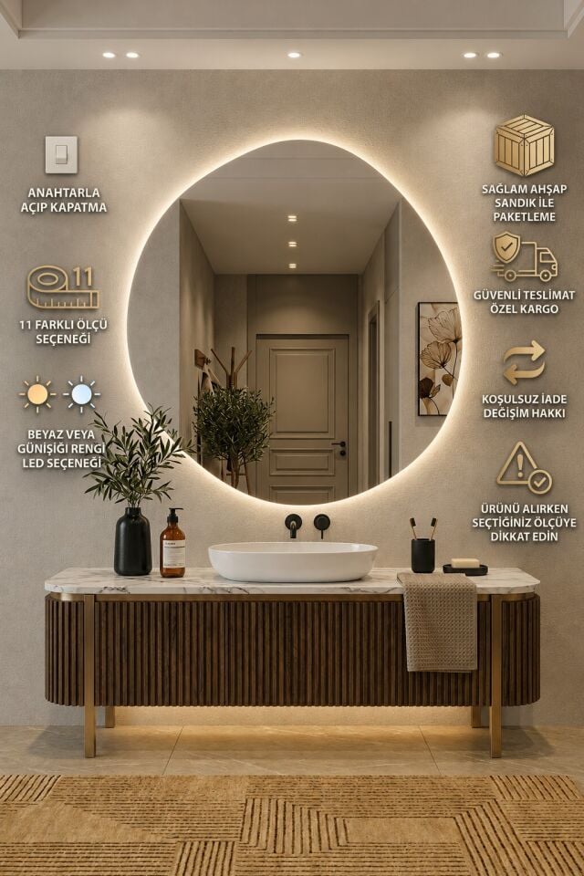 Arya Asimetrik Ledli Ayna Modern Banyo Aynası Şık Tasarım Konsol Aynası Dekoratif Duvar Aynası Beyaz Günışığı LED