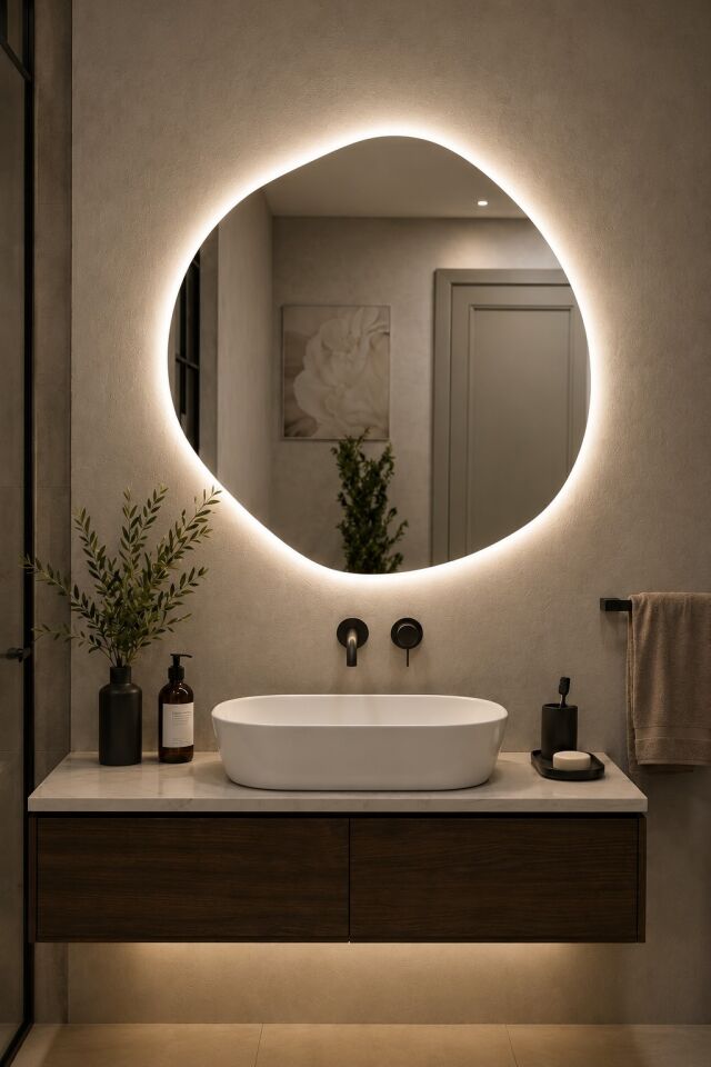 Arya Asimetrik Ledli Ayna Modern Banyo Aynası Şık Tasarım Konsol Aynası Dekoratif Duvar Aynası Beyaz Günışığı LED