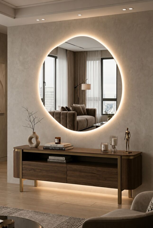 Arya Asimetrik Ledli Ayna Modern Banyo Aynası Şık Tasarım Konsol Aynası Dekoratif Duvar Aynası Beyaz Günışığı LED
