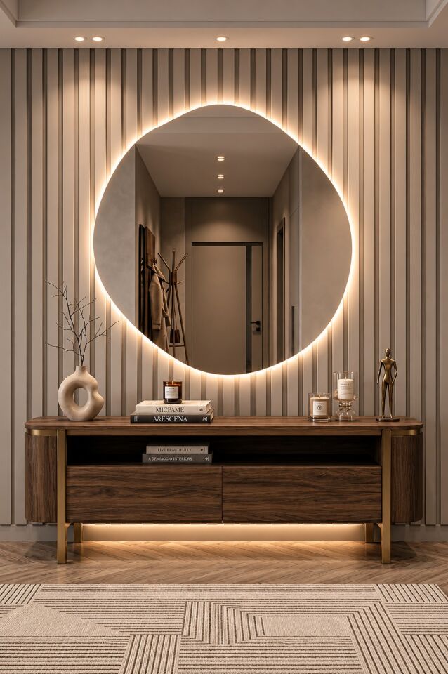 Arya Asimetrik Ledli Ayna Modern Banyo Aynası Şık Tasarım Konsol Aynası Dekoratif Duvar Aynası Beyaz Günışığı LED