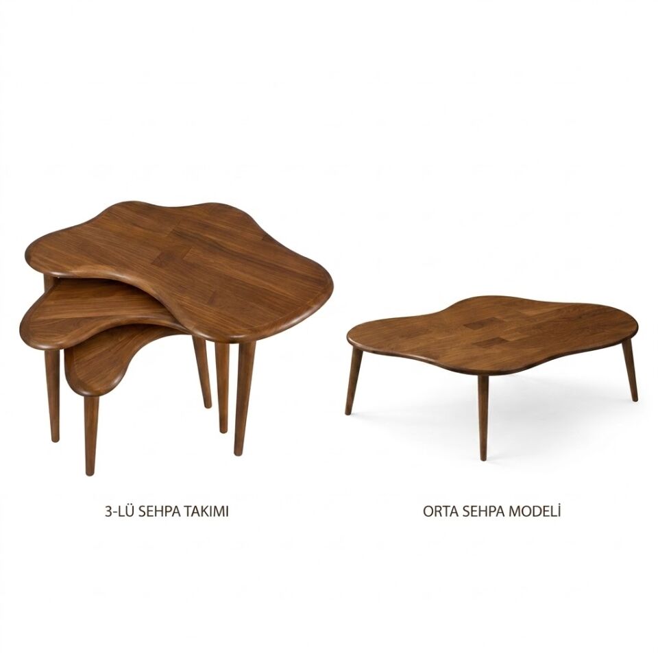 Liza Set Model İskandinav Masif Sehpa Kayın 3’lü Zigon Sehpa ve Orta Sehpa | Doğal Kayın Panel | Vernikli | Modern Tasarım