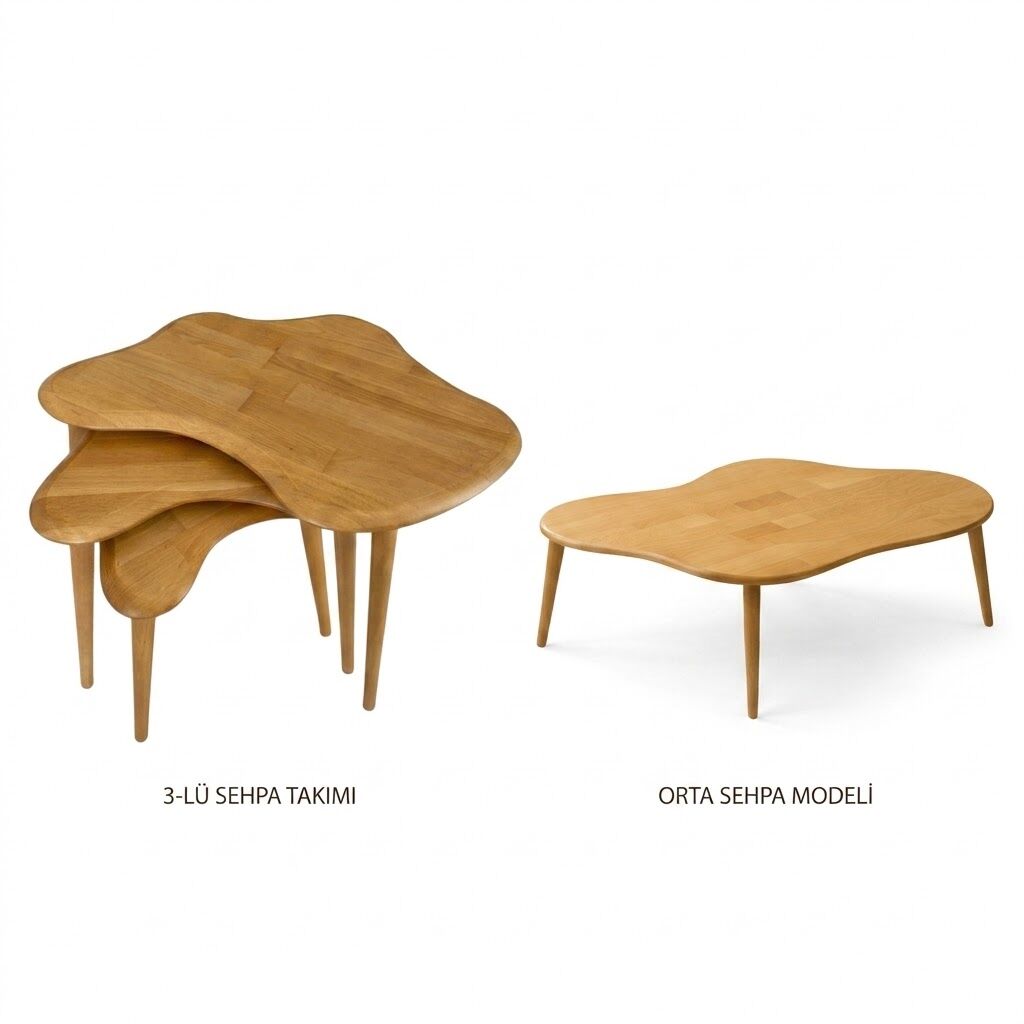 Liza Set Model İskandinav Masif Sehpa Kayın 3’lü Zigon Sehpa ve Orta Sehpa | Doğal Kayın Panel | Vernikli | Modern Tasarım