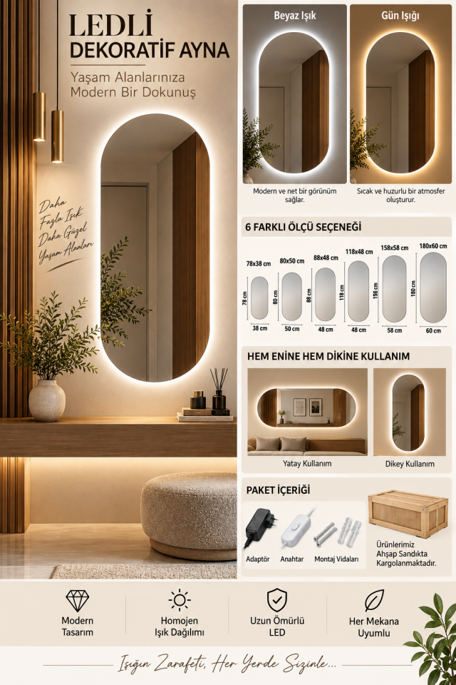 LED’li Boy Aynası – Işıklı Dekoratif Duvar Aynası, Yatay & Dikey Kullanım, Beyaz / Günışığı LED